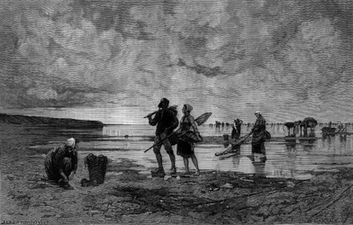 Grande maree no Canal da Mancha (século XIX): pescadores de conchas em uma praia. Gravura após a pintura de Hagborg Auguste Wilhem Nikolaus (1852-1921/1925) em "The Illustrous World" n°1219 de 7 de agosto