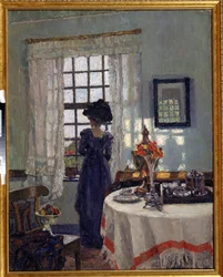 ""Jeune femme à la fenetre"" (Mulher na janela) Uma mulher elegante à moda Belle Epoque, com um grande chapéu olhando pela janela. Pintura de August von Brandis (1862-1947) Museu de Arte Regional do início do século XX, Simferopol