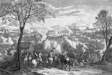 A batalha de Culloden em 16 de abril de 1746, gravada por Luke Sullivan, c.1746 (gravura de linha colorida)