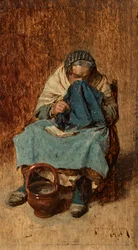 Velha mulher veneziana, a assoar o nariz