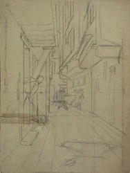 Esboço em perspectiva para "luta de rua em um beco veneziano"