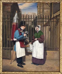 O mercador de cocos (bebida refrescante aromatizada com alcaçuz) e sua pitoresca fonte estavam entre as figuras familiares da rua parisiense no século XIX e início do século XX. Pintura de Augusta Le Baron Desves (1804-?), óleo sobre tela