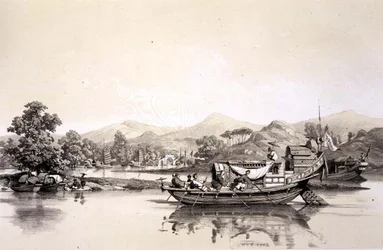Barco chinês entre a alfândega de Tchynay e Cantão, placa 18 de "Sketches of China", gravado por Eugene Ciceri (1813-90) 1842 (litografia colorida)