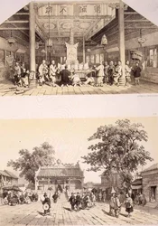 Interior do Templo de Buda e uma pequena praça nos subúrbios de Cantão, placas 25 e 26 de "Esboços da China", gravados por Eugene Ciceri (1813-90) 1842 (litografia colorida)