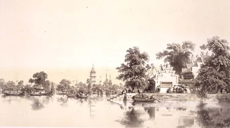 Templo, Pagoda e Vila no Canal de Macao-Cantão, placa 22 de 