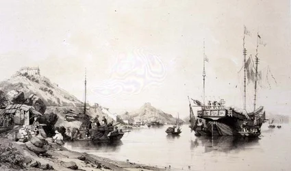 A Costa de Macau na Maré Alta, placa 12 de "Sketches of China", gravada por Eugene Ciceri (1813-90) 1842 (litografia colorida)