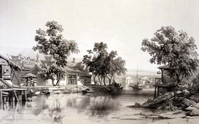 O Templo e Canal de Honan, placa 29 de "Sketches of China", gravado por Eugene Ciceri (1813-90) 1842 (litografia colorida)