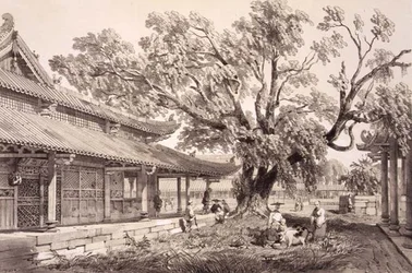 O Templo de Buda nos subúrbios de Honan de Cantão, placa 24 de "Sketches of China", gravado por Eugene Ciceri (1813-90) 1842 (litografia colorida)