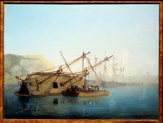 Um veleiro com uma aguarela carenage de Auguste Aiguier (1819-1865)