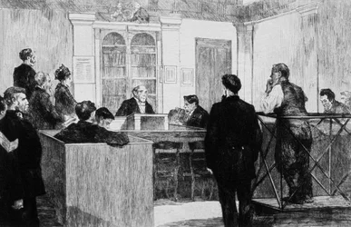 Salão do Tribunal de Polícia de Bow Street, em Londres, em 1884 (gravura)