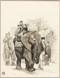 Elefante com cavaleiros no Jardin des Plantes, Paris
