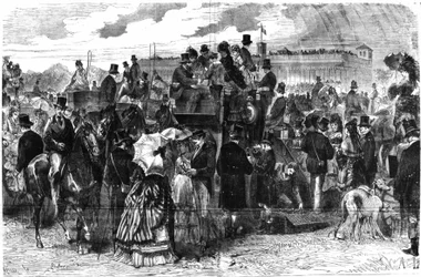 As corridas de Longchamps: Le Grand Prix de Paris, no "Le Figaro", suplemento ilustrado de domingo 6 de Junho de 1875, desenho de Lançon.
