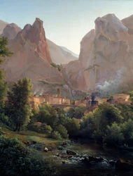 A aldeia de Moustiers Sainte Marie (Moustiers Sainte-Marie) Detalhe. Pintura de Auguste Bec (1797-1874) Século XIX Aix en Provence, Musee Granet