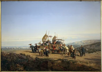 Os viajantes usam uma carruagem com velas e disparam por homens. Quadro de Auguste Borget