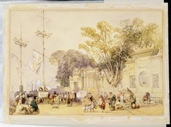 Praça da aldeia na Baía de Hong Kong, placa 5 de &39;Sketches of China&39;, gravada por Eugene Ciceri (1813-90) 1842 (litografia tingida)