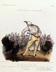 Louis Philippe com um gorro nocturno na cabeça, rodeado de perus