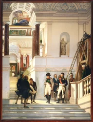 Napoleão I visita a escadaria do Louvre, acompanhado pelos arquitectos Percier e Fontaine ...