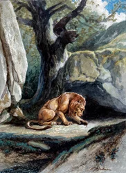 Ilustração da fábula “O leão e o rato” de Jean de La Fontaine. Aquarela de Auguste Delierre (1829-c.1890)