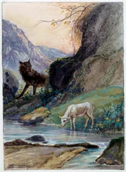 Ilustração da fábula “O lobo e o cordeiro” de Jean de La Fontaine. Aquarela de Auguste Delierre (1829-c.1890)