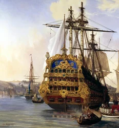 O navio "Le Foudroyant" no porto de Brest em 1724" Detalhe. pintura de Auguste Mayer (1805-1890) 1724 Brest, musee des Beaux Arts - O navio "Le Foudroyant" no porto de Brest
