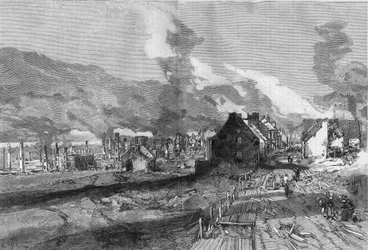 Vista das ruínas da cidade de Quebec (Canadá) após o incêndio de junho de 1881. Gravura de Lepere em "The Illustrous World" n°1267 de 9 de julho