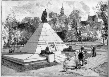 Vista do monumento erguido em memória do egiptólogo francês Auguste-Edouard (Auguste Edouard) Mariette (1821-1881) em Boulogne-sur-Mer, Pas de Calais (62). Gravura de Lepere em "Le Monde Illustre" n°1322 de 29 de julho de 1882.