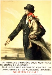 A visitante da higiene mostrar-lhe-á o caminho para a saúde, lutará contra a tuberculose e a mortalidade infantil - cartaz da comissão americana para a preservação da tuberculose em França, ilustrado por Auguste Leroux (1871-1954)