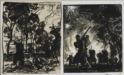 Cena noturna, patrulha à beira de um bosque, 1914.