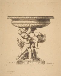 Desenho ornamental de três crianças segurando uma fonte, século XIX.