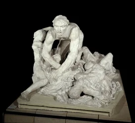 Ugolino, conde Ugolino della Gherardesca, tirano de Pisa e traidor da pátria, rodeado pelos seus quatro filhos. Personagem do Inferno na Divina Comédia de Dante Alighieri (1265-1321). Escultura de Auguste Rodin.