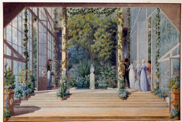 Uma visita à estufa quente do Castelo de Malmaison, 1823. Dimensões: 0,16 x 0,24 m. Malmaison, Musée du Château