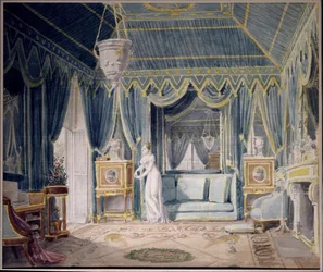 Boudoir de la reine Hortense de Beauharnais (1783-1837) em 1811. Aguarela de Auguste Garneray (1785-1824). Coleção Particular