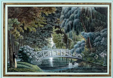 Vista da ponte de madeira sobre o rio à esquerda do castelo de Malmaison Watercolour d