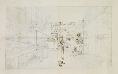 Na cozinha (lápis e caneta e tinta no papel)