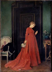 A chegada. Uma mulher elegante, com um vestido vermelho, está prestes a bater a uma porta. Segura um ramo de flores e o seu rosto exprime um misto de impaciência, curiosidade e dúvida. Pintura de Auguste Toulmouche (1829-1890). Óleo sobre tela.