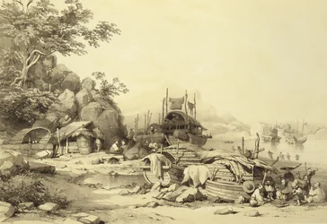 House Boats na Baía de Cowloon, placa 6 de Sketches of China, gravada por Eugene Ciceri (1813-90) 1842 (lito colorido)