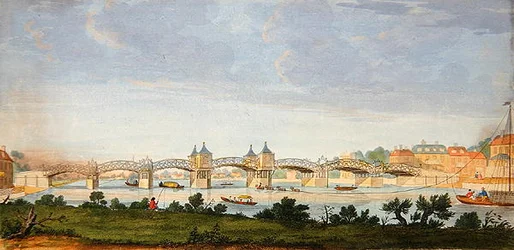 Perspectiva da Ponte Hampton Court que atravessa o rio Tamisa, gravada por Charles Grignion (1717-1810) c.1754 (gravura em cores)