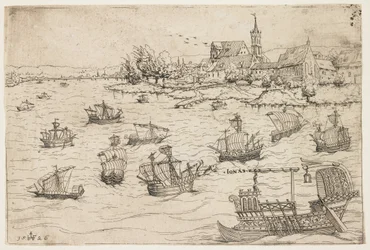 Jonas e a baleia em um lago com embarcações à vela, 1546