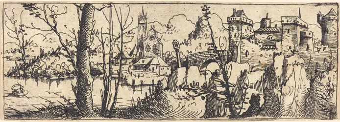 Paisagem com castelo à direita, cercado por rochas