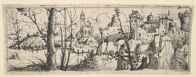 Paisagem com forte e uma igreja em um rio, 1545.