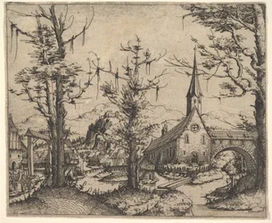 Paisagem com quatro árvores e uma igreja à direita, 1545.
