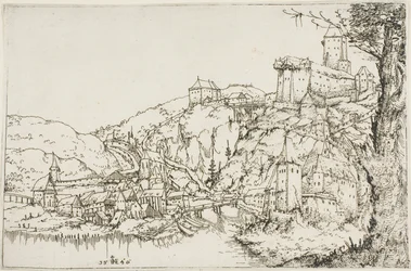Paisagem com rio, cidade e castelo