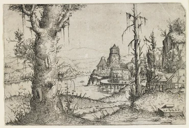 Grande Árvore e Castelo em um Lago
