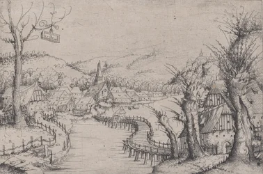 Paisagem fluvial com três salgueiros à direita e uma longa ponte de madeira sinuosa em ..., 1546.