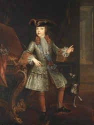 Retrato do Rei Luís XV (1710-1774) como Criança - Augustin-Oudart Justinat (?-1743). Óleo sobre tela