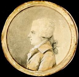 Wolfgang Amadeus Mozart - Augustin de Saint-Aubin (1736-1807). Sangue, giz preto e cor branca sobre papel, ca. 1778. Dimensão : D 13,8 cm. Colecção Particular
