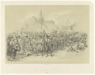 Os pedestres distribuem panfletos
The Rederijkers 1500 (título sobre o objecto)