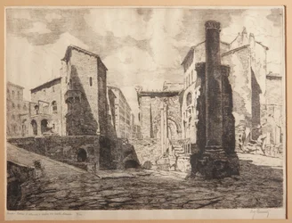 Roma, Porticus de Octaviae, e as Ruínas do Teatro de Marcelo (gravura em papel)