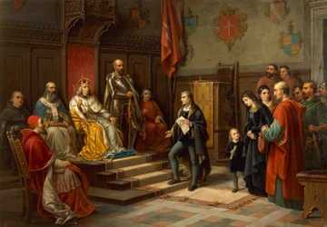 Frederick III, sendo pressionado a marchar contra os turcos pelo poeta Trieste Raffaele Zovenzoni, por Augusto Tominz (1818-1883)
