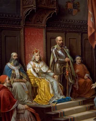 Frederico III no trono, detalhe de Frederico III, sendo pressionado a marchar contra os turcos pelo poeta Trieste Raffaele Zovenzoni, pintura de Augusto Tominz (1818-1883)